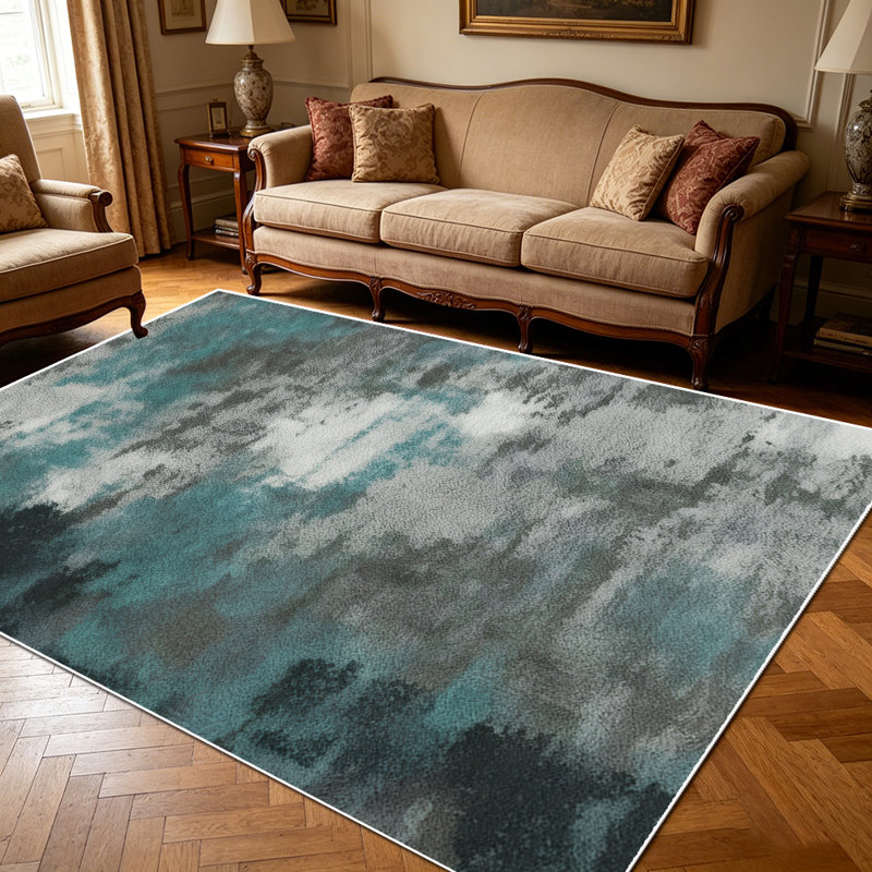 1PC abstract distressed watercolor teal grey neutral gradient area rugs, Soft and Comfortable, easy-to-maintain, machine washable Indoor floor mat, suitable for living room, bedroom, dining room, home office, kitchen entryway, patio balcony, Home Dec
