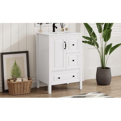 Meuble-lavabo de 24 po avec lavabo, une armoire avec porte à fermeture en douceur, 3 tiroirs à fermeture en douceur, poignées en métal rétro, blanc