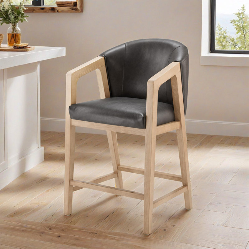 Daina Faux Leather Counter Stool With Exposed Wood, Copley Bison