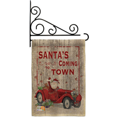 En toile jute à 2 côtés 19 x 13 po de père noël arrivant à town drapeau de jardin