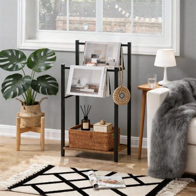 Freestanding Double-Layer Towel Rack For Bathroom, Vintage Brown-Black Color, With Shelf For Drying And Displaying Towels, Dimensions 16.7×9.6×31.7 Inches.
