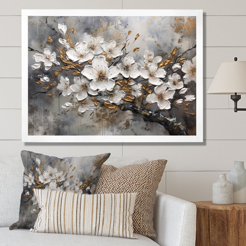 White Grey Cherry Blossum Harmony I On Canvas Print, 30" H x 40" W x 1.5" D, White Single Picture Framed