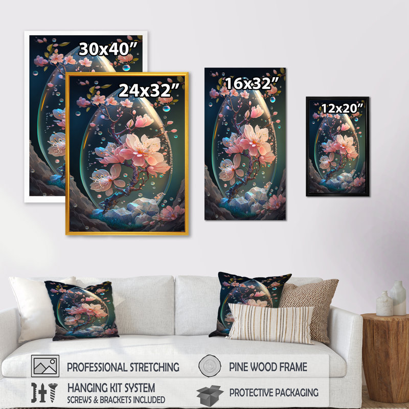 «Pink Flower Tree Landscape», reproduction sur toile, L 12 po x H 20 po, Toile avec cadre flottant or