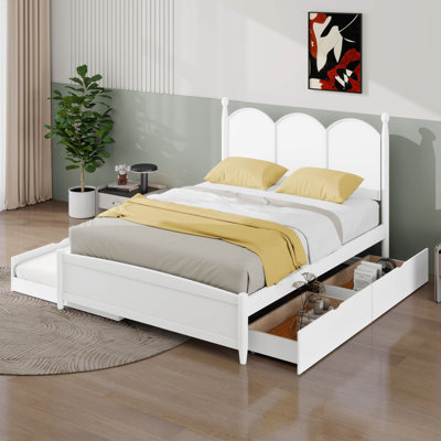 Structure de lit grand format avec 2 grands tiroirs, lit gigogne simple TG, structure de lit plateforme en bois de style rustique avec tête de lit courbée