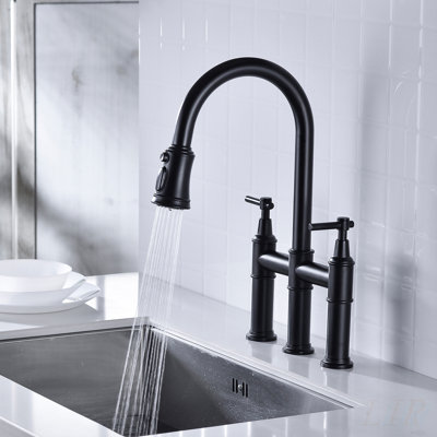 Bridge Kitchen Faucet with Pull-Down Sprayhead in Spot-Resistant Finish, Dual Handle for Precise Control and Enhanced Cleaning