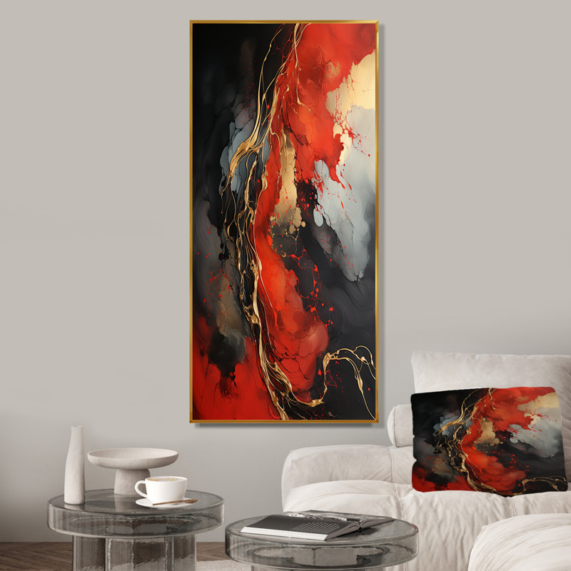 Volcan rouge et doré VI - art mural abstrait, Cadre flottant doré, H 40 po x l 30 po