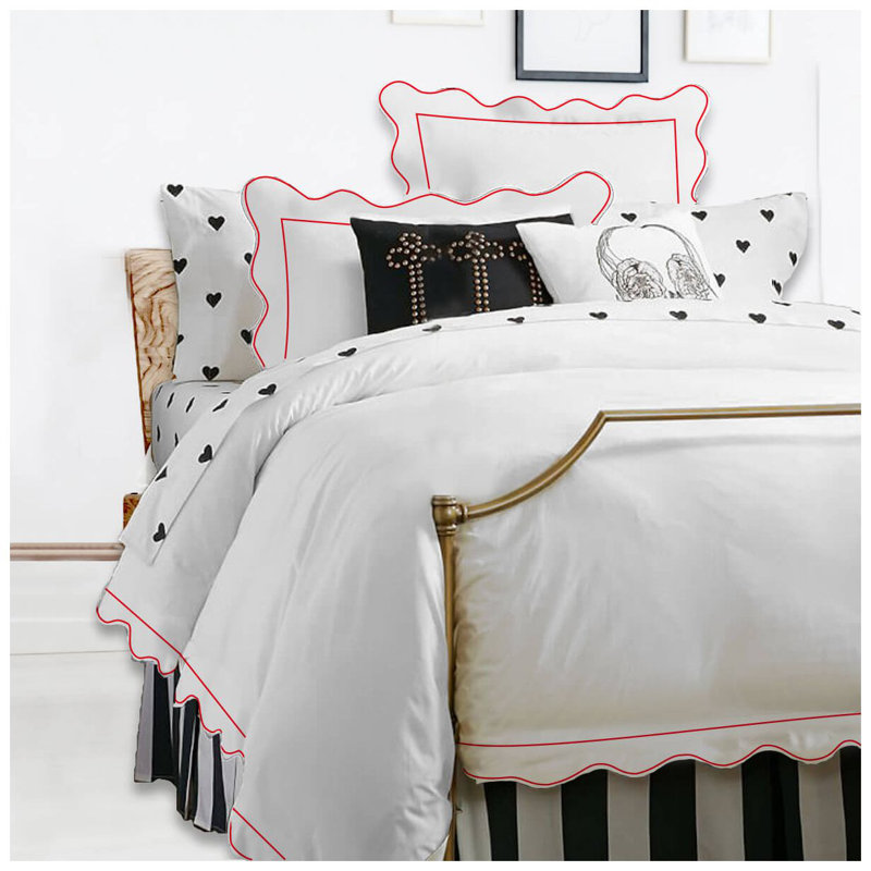 400TC Cotton Scallop Embroidery & Border Sateen Solid Duvet Cover Set, Oversize King Duvet Cover, White/Red