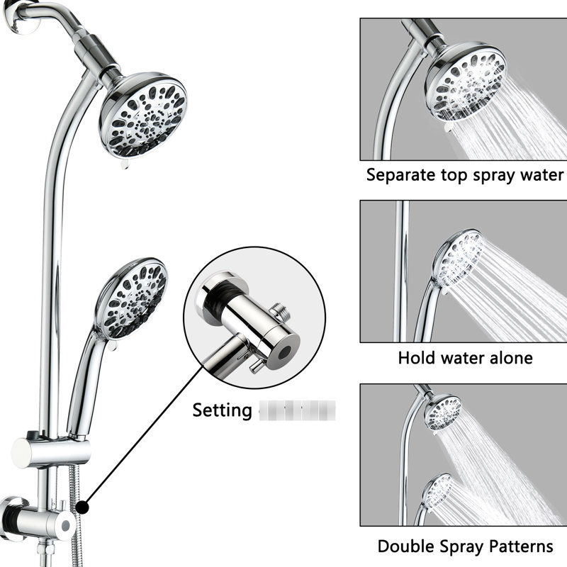 Douche à 7 réglages doubles - Barre coulissante en acier inoxydable, fixation murale, boyau de 59 po, système ABS, raccord de 1/2 po