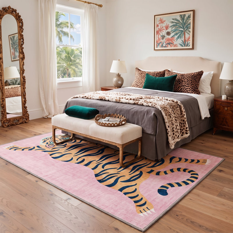 Tapis tigre / orange lavable à la machine Tayviona avec envers antidérapant, Rectangulaire 8 pi x 10 pi