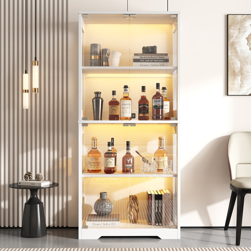 Vitrine avec portes en verre, armoire de rangement à 4 niveaux avec lumière DEL, Blanc