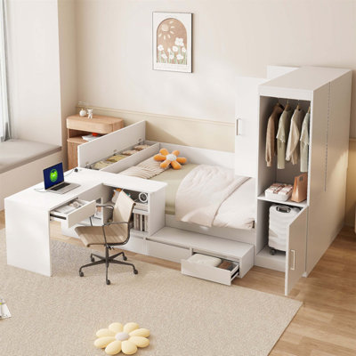 Wooden Platform Bed With 6 Drawers, Shelves, Desk, And Wardrobe For Ultimate Space Efficiency