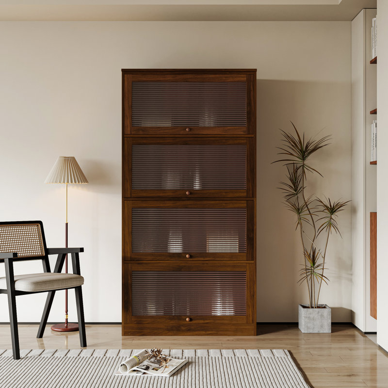Bookcase Contemporary Closed Back Glass Doors Office Storage Cabinet,Sideboard,Bookcase,Book Shelf, Walnut Brown