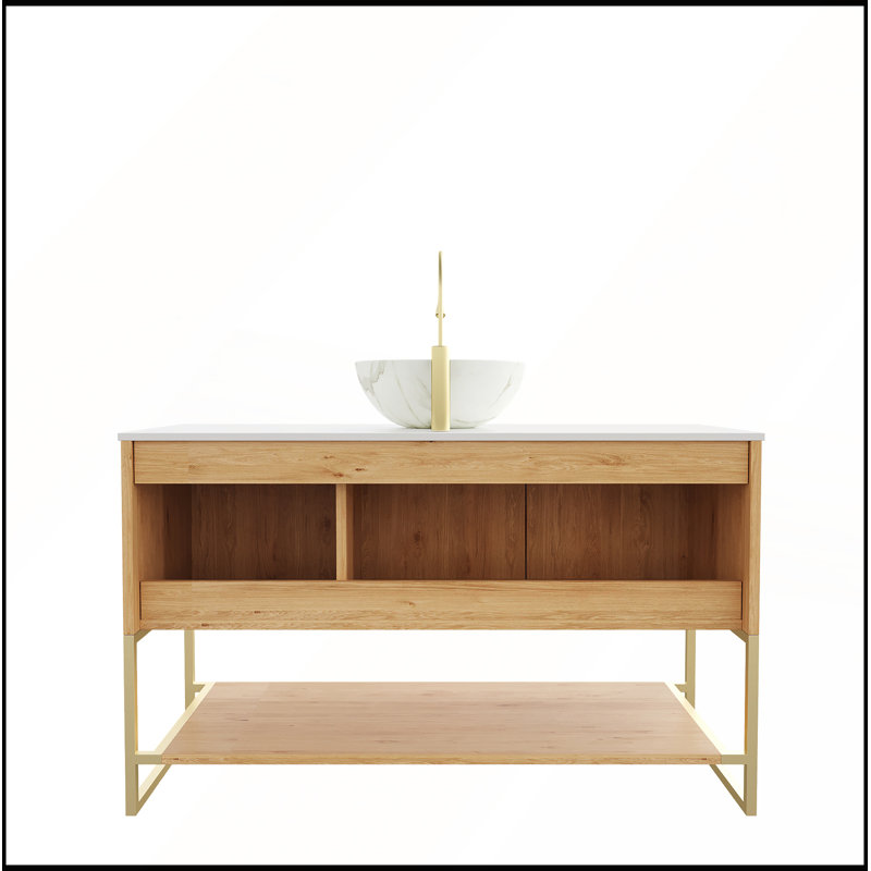 Meuble-lavabo 48 po avec lavabo en céramique blanche, motif pierre, comptoir blanc de Carrare, finition grain de bois