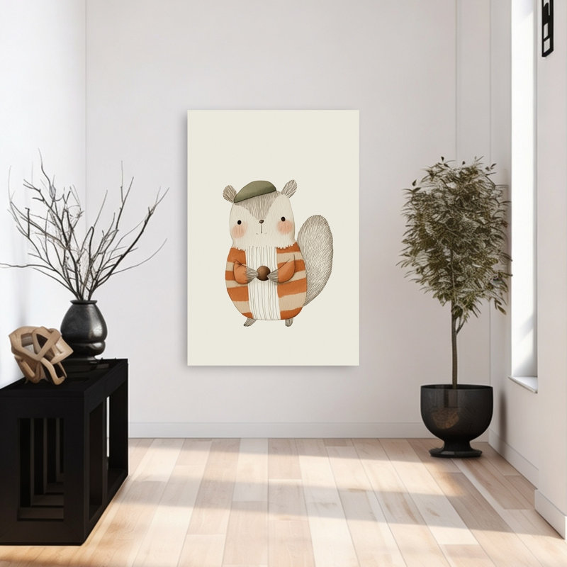 Charmant écureuil avec écrou, paysage contemporain de forêt écureuil, reproduction d'art mural, H 48 po x l 32 po