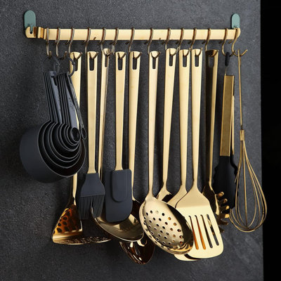 Kitchen Rack With Gold Titanium Plating,Rail Rack Organizer for Hanging Knives,Wall Mounted Gourmet Kitchen Rail with 14 Hooks