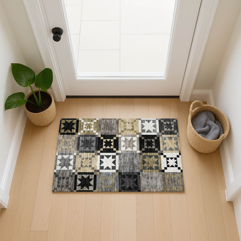 Machine Washable Indoor/Outdoor Chantille ACN2538 Patchwork Rug, Rectangle 1'8" x 2'6", Black
