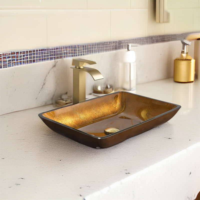 Lavabo de salle de bain rectangulaire en verre avec robinet MONSFEST, Brun, Or