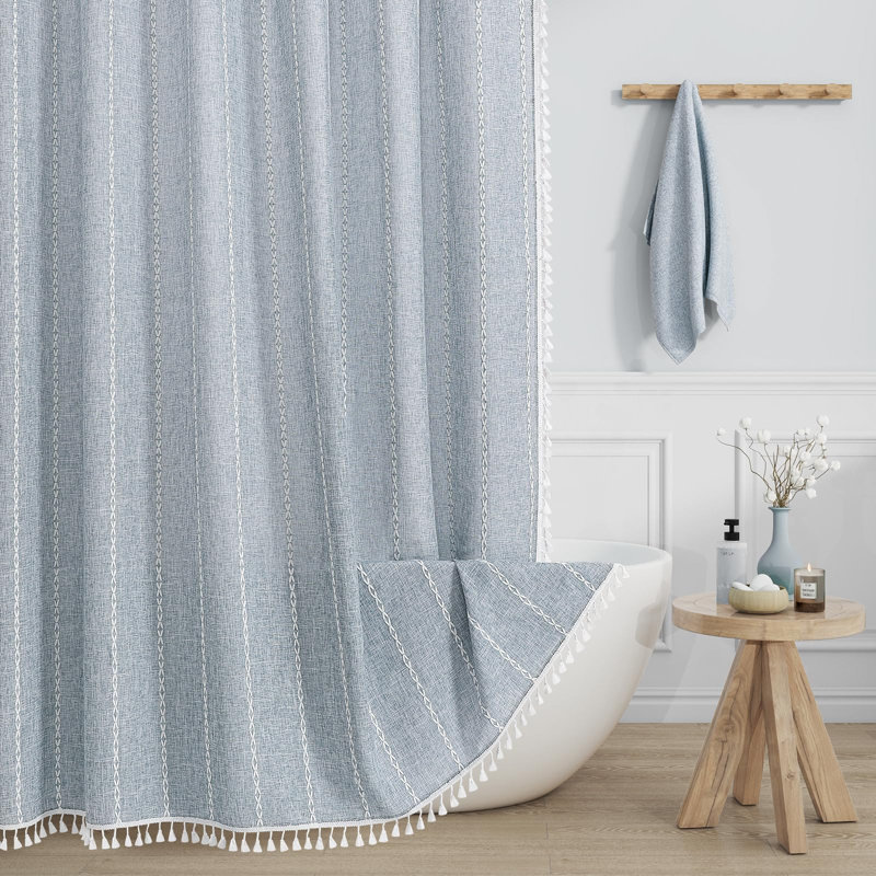 Rideau de douche en lin à franges style bohème, rayures brodées en 3D, 183 cm x 183 cm, bleu, Rayures bleues