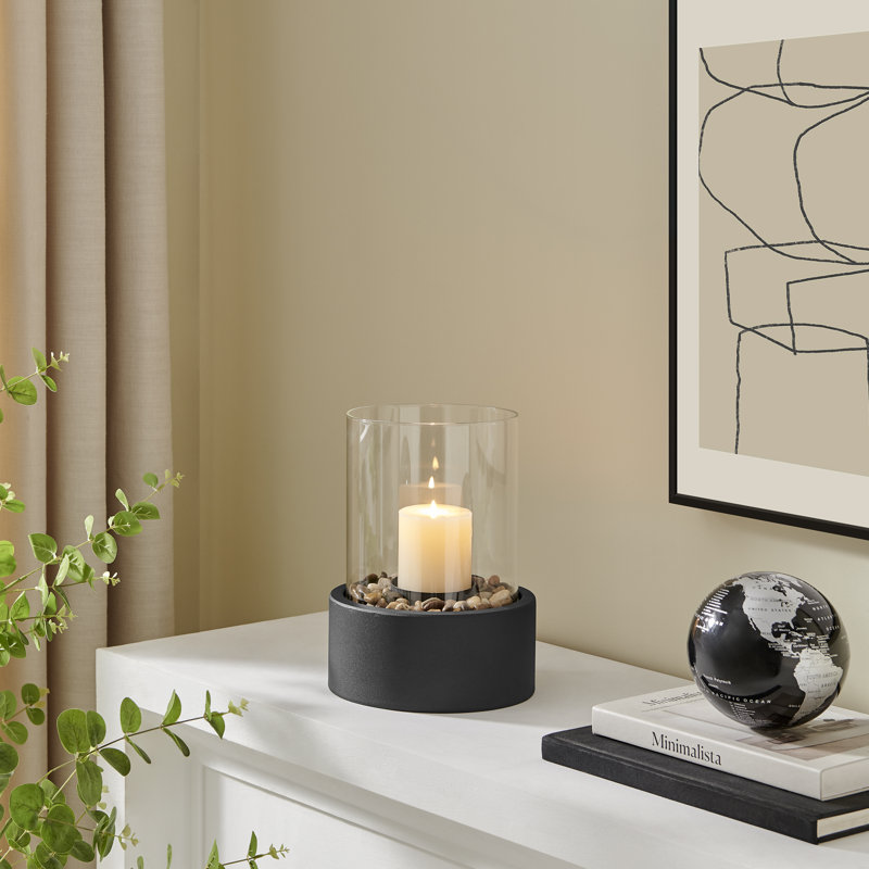 Tabletop Pillar Hurricane Candleholder with Decorative Pebble Base - Large, 11.38'' H X 8.25" W X 8.25'' D