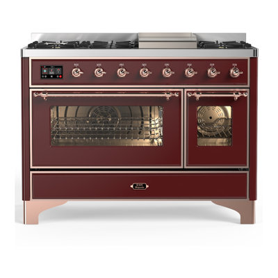 Cuisinière à double combustible de 48 pouces avec 5 brûleurs scellés, plaque chauffante et comptoir en bourgogne Majestic III Series (gaz naturel, garniture en cuivre)