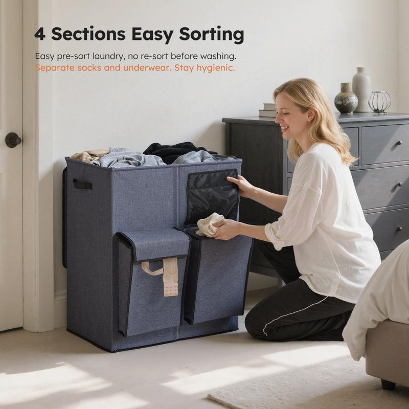 Double Laundry Hamper With Lid, 47.8 Gal (180L) Large Laundr Basket 2 Section With 2 Side Pockets, Dirty Clothes Hamper With Removable Bag, Easy To Carry For Laundry Room, Bedroom, Navy Blue