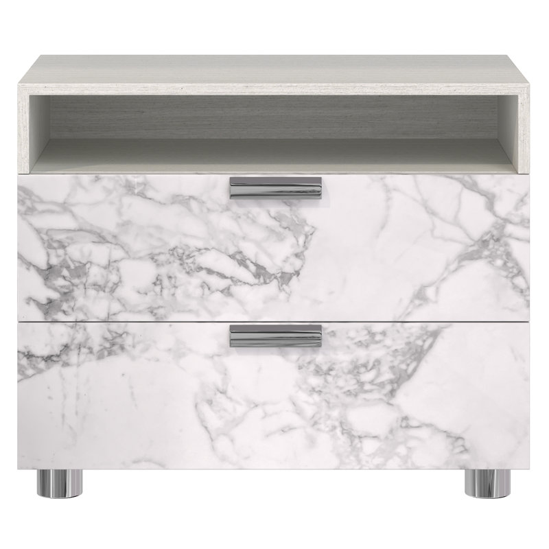 Gray Marble 2-Drawer Nightstand with USB Ports