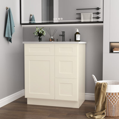 Base de meuble-lavabo de meuble-lavabo antique en contreplaqué blanc antique, 30 po X P 21,5 po, H 34,5 po, porte de droite, unités de fabrication - Coquille de protection, doublure