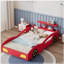 Lit de voiture de course en bois, lit plateforme simple en forme de voiture avec roues pour adolescents, rouge et jaune