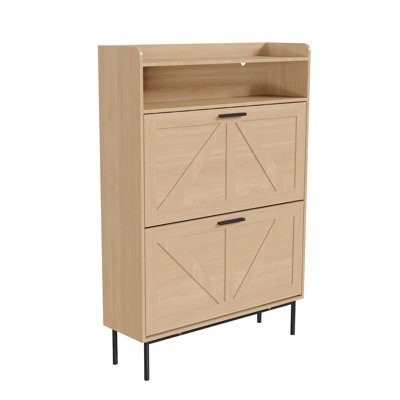 Meuble à chaussures étroit de style campagnard avec 2 tiroirs basculants, rangement ouvert, porte de grange et pieds en métal pour entrée, couloir ou hall d'entrée