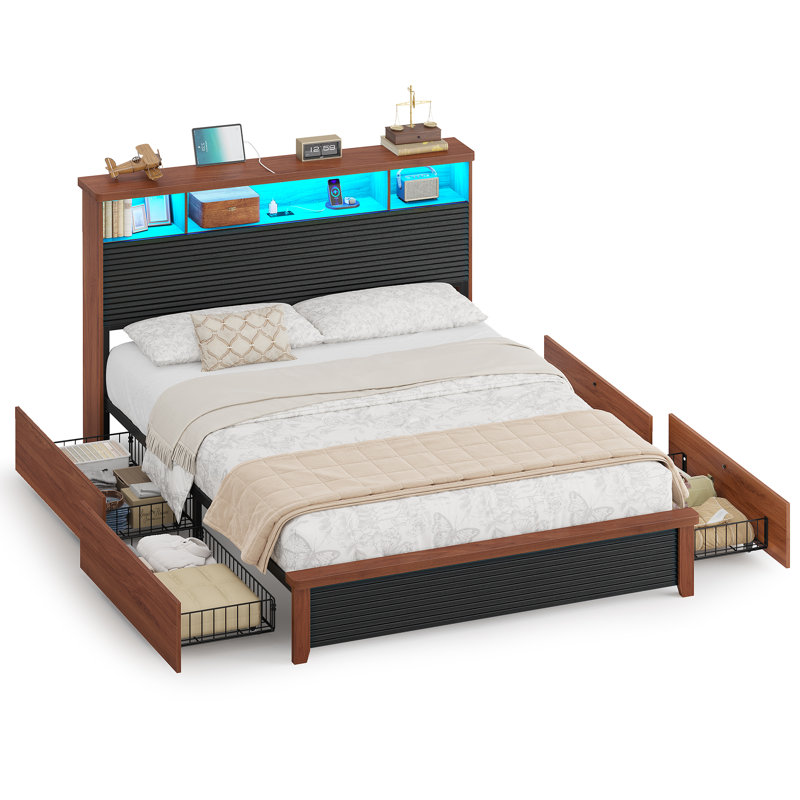 Fluted Design Bed with Bookcase and Drawers, Black/Brown, Full