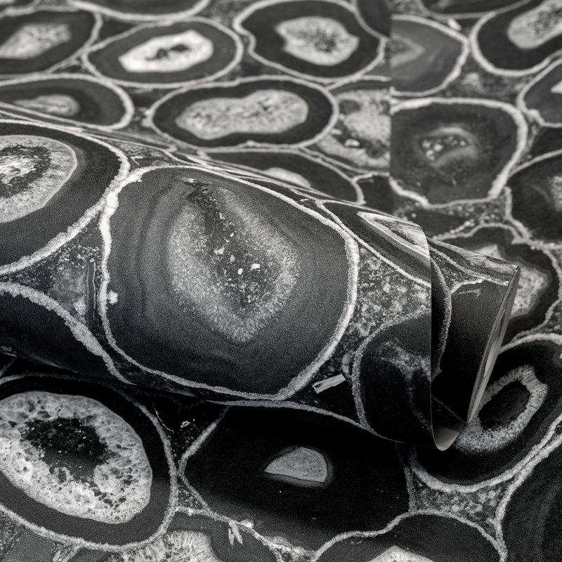 Pepper Glass Bead Finish Geometric Filo Stone Wallpaper Roll, Black