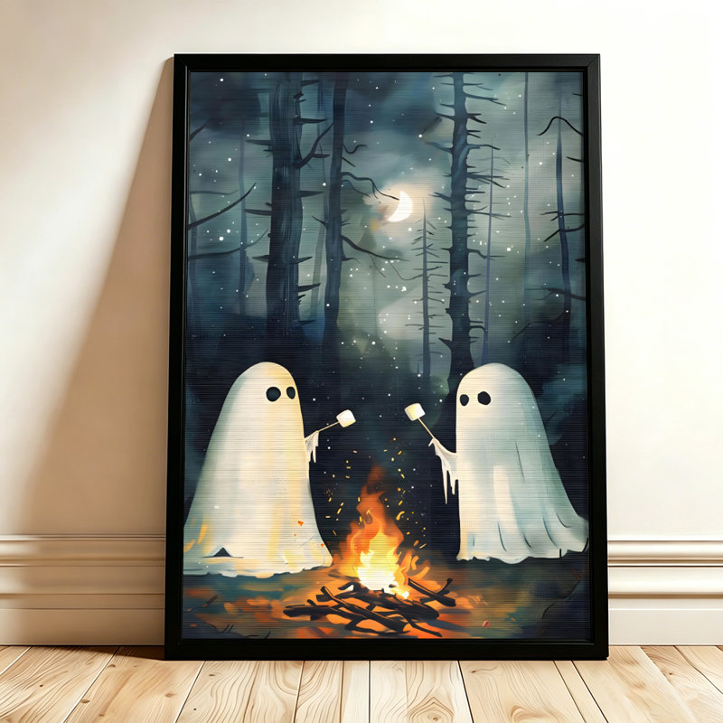 Halloween : Deux fantômes faisant griller des guimauves autour d'un feu de camp, tableau sur toile encadré, cadre blanc, 61 x 91 cm