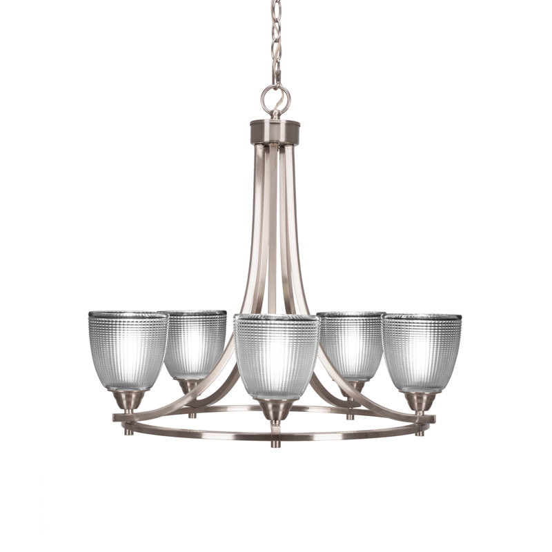Paramount 5 Light Uplight Chandelier Shown In Brushed Nickel Finish With 5" Clear Ribbed Glass