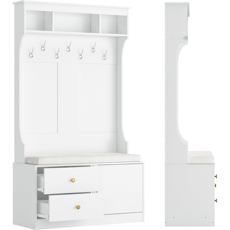Hall Tree 40.1" Wide with Storage Bench, White