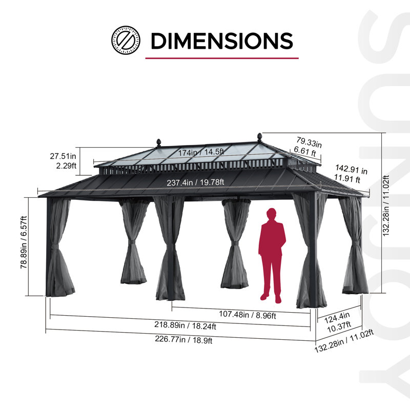 SUNJOY Kingston 20x12 Gazebo, Steel & PC Roof Hardtop Gazebo with Curtain and Netting - Aluminum Posts, Gray