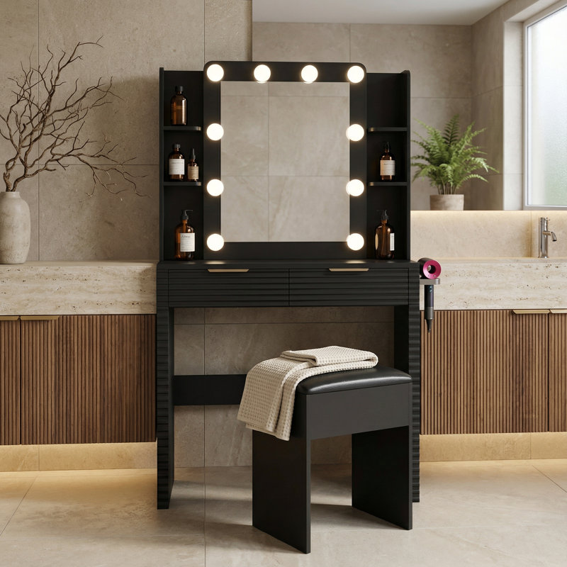 Bureau de meuble-lavabo contemporain Hollywood avec station de charge intégrée, tiroirs et tablettes de rangement spacieux et tabouret de rangement rembourré