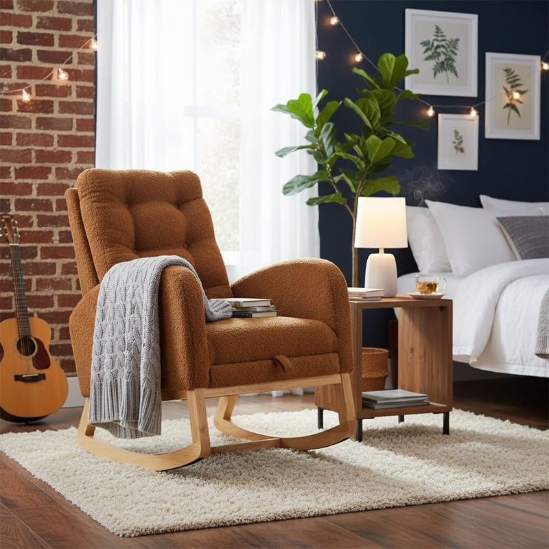 Chaise berçante classique rembourrée avec repose-pieds réglables, Caramel