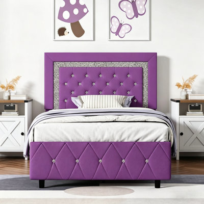 Alber Faux Leather Diamond Tufted Platform Bed with Headboard & 2 Rustic Farmhouse Nightstands Set, Barn Door End Tables with Storage Shelf