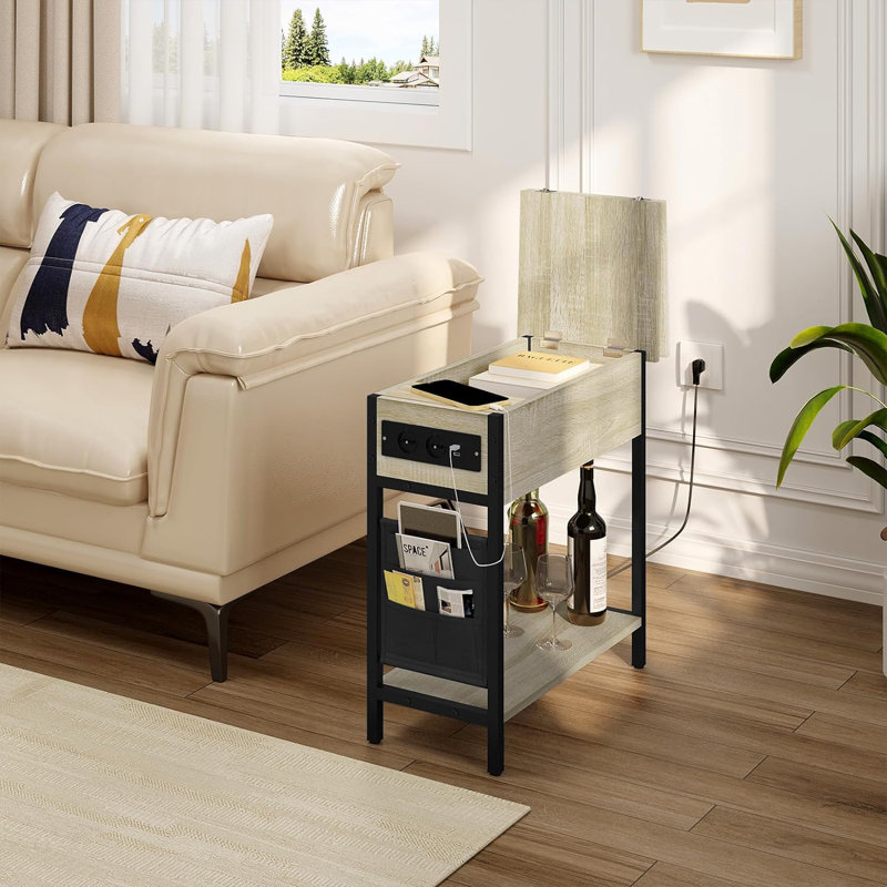 Khenifra End Table with Built-In Outlets, Oak Wood