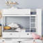 Lit superposé simple au-dessus d'un lit simple en bois massif, rangement intégré avec 2 tiroirs et armoire multicouche, blanc classique