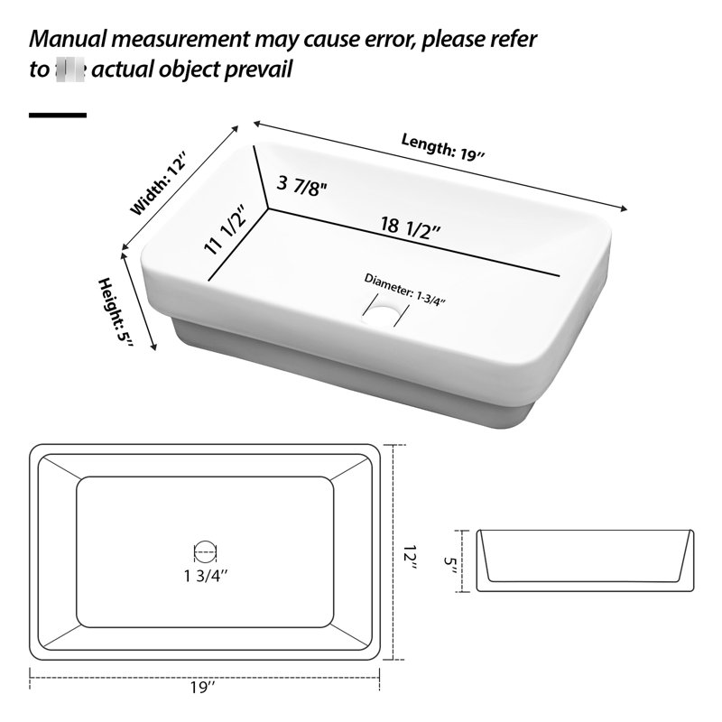 19"x12", White, Ceramic, , Bathroom Sink, Countertop Vessel Design, Acid And Scratch Resistance, Effortless Cleaning, Offices Style, , Standard Drain Size