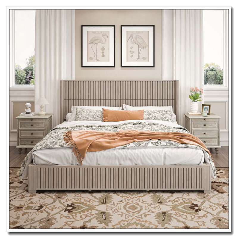 Solid Wood Platform Bed Frame with Headboard, No Box Spring Needed, Beige, King