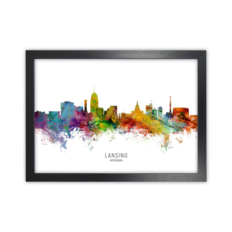 Lansing Michigan Skyline by Michael Tompsett - Print, Black Framed, 34cm H x 46cm W x 3cm D