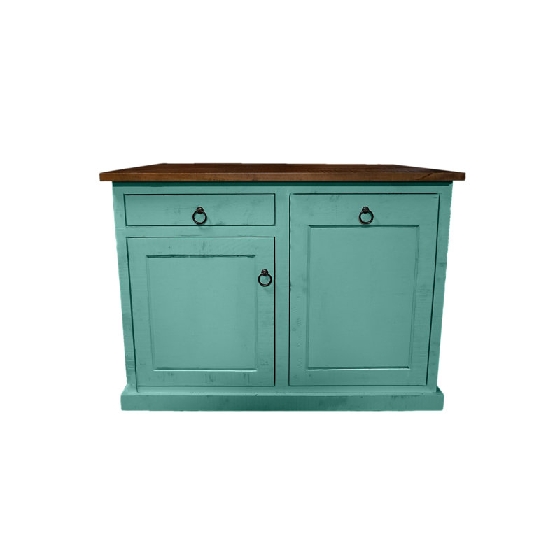 Farmhouse 60" Solid Wood Kicthen Island with trash bin compartment, Aqua Fiesta