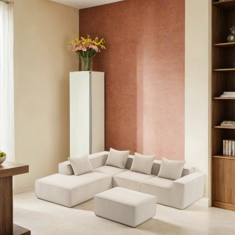 Canapé modulaire en velours avec repose-pieds, Velours côtelé beige