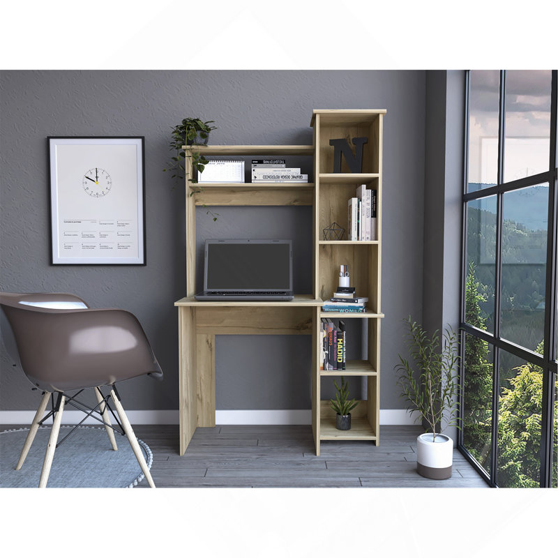 Writintg Desk, Two Superior Shelves, Five Cubbies -Light Oak, 63.9" H x 38.7" W x 17.8" D, Brown