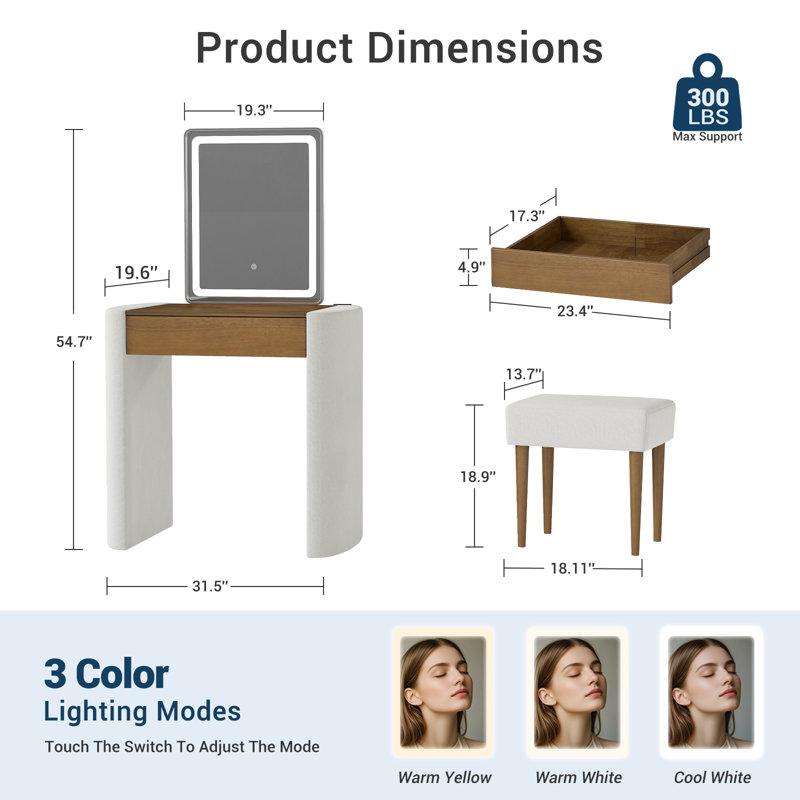 3 Modes Adjustable Brightness Mirror Vanity Table Set Makeup Vanity with Drawer, Brown/White