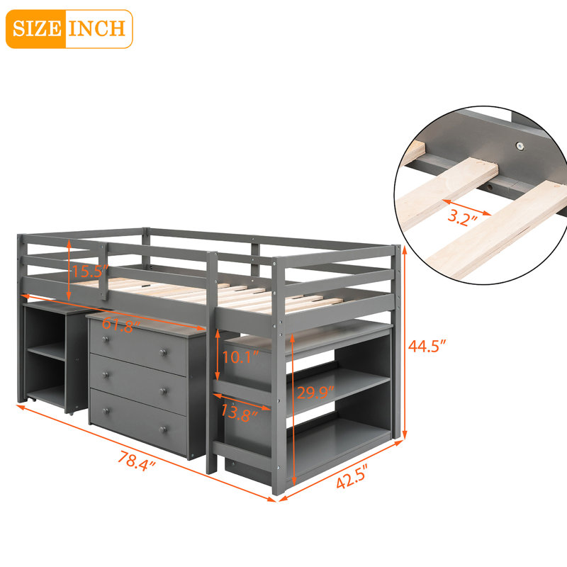 Lit mezzanine simple avec armoire et bureau à roulettes gris