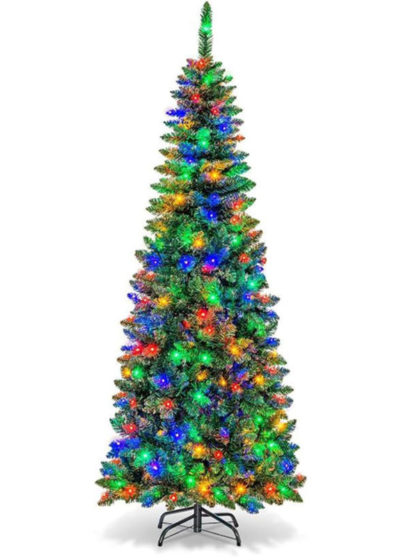 Arbre de Noël artificiel pré-éclairé floqué, arbre de Noël avec lumières DEL, minces arbres de Noël artificiels, décorations de Noël pour le bureau, la maison, les fêtes