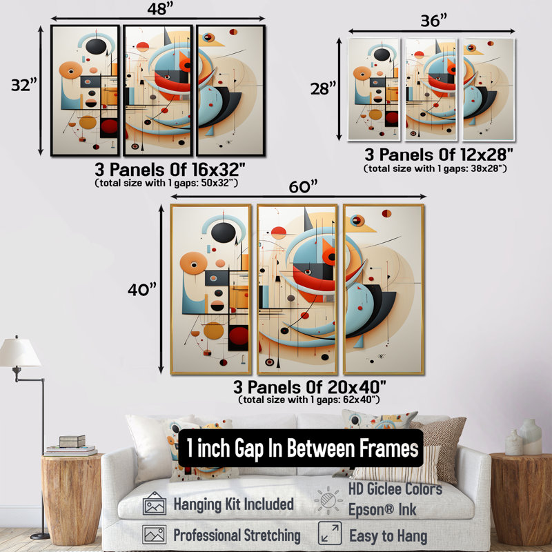 «All That Jazz Geometric Expressionism - Midcentury», ensemble d'art mural, Encadrement argenté, H 32 po x l 48 po x P 1 po